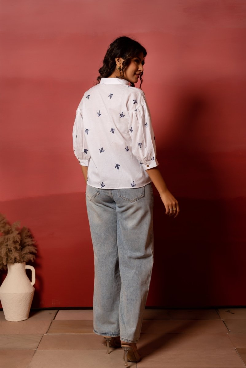 RANG MALHAR BANDHEJ WHITE BLUE EMBROIDERY TOP - Pomcha Jaipur