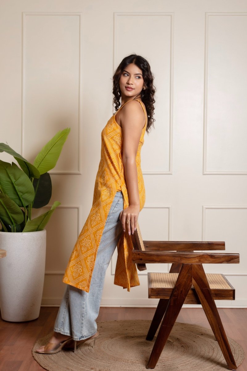 RANG MALHAR BANDHEJ YELLOW KURTI - Pomcha Jaipur