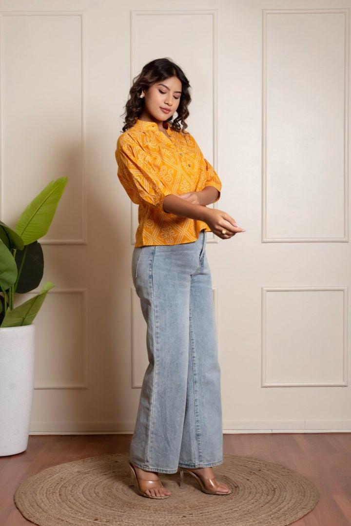 RANG MALHAR BANDHEJ YELLOW TOP - Pomcha Jaipur