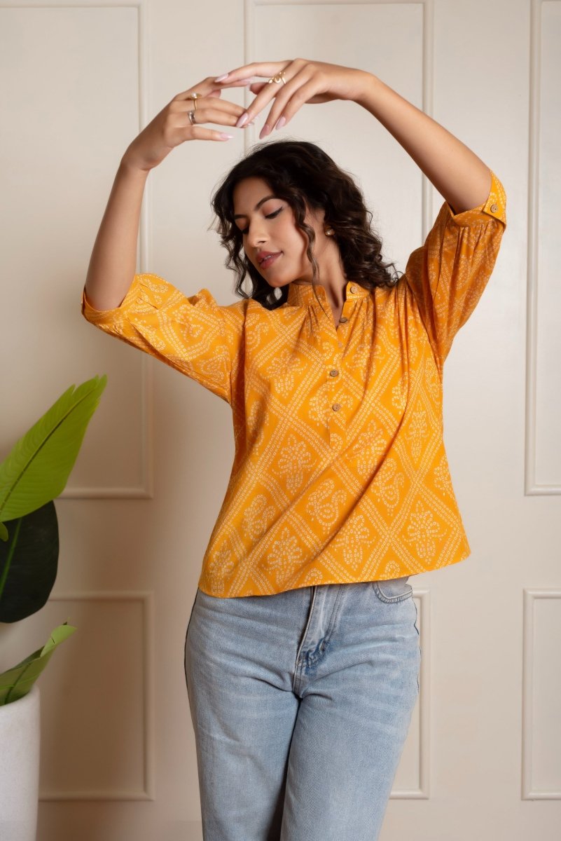 RANG MALHAR BANDHEJ YELLOW TOP - Pomcha Jaipur