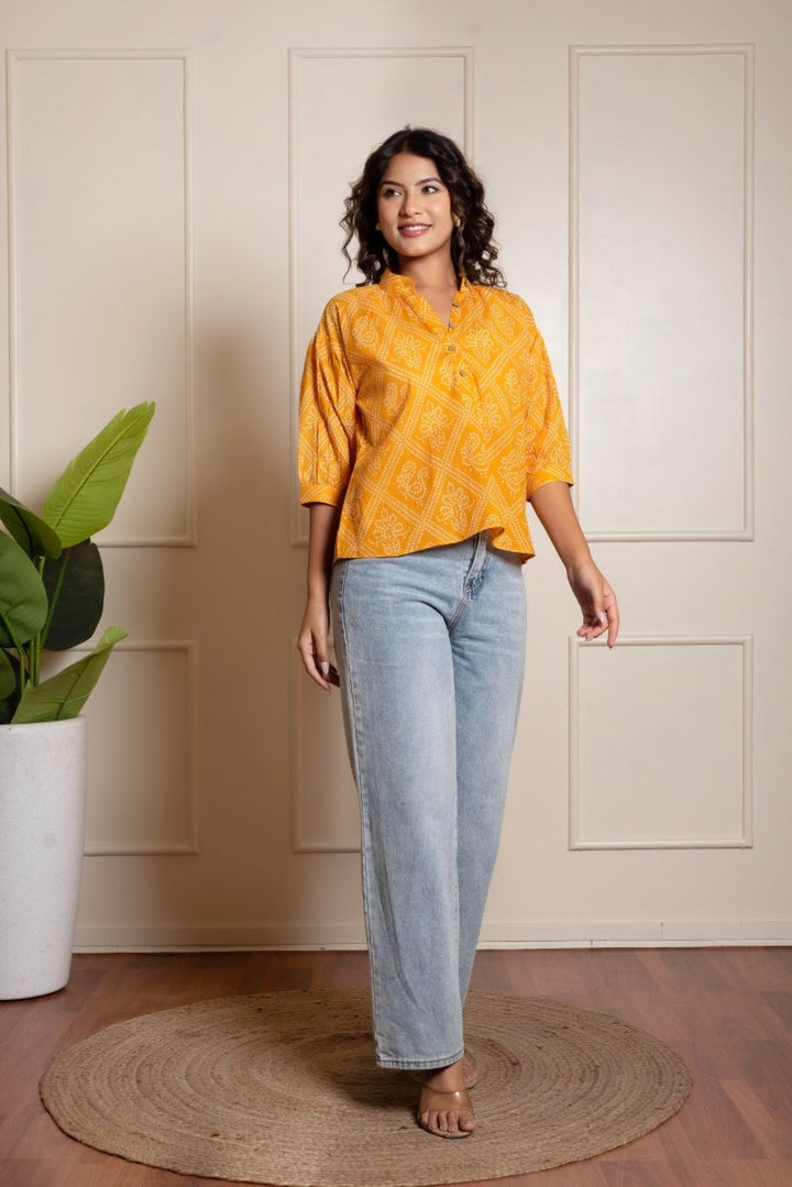 RANG MALHAR BANDHEJ YELLOW TOP - Pomcha Jaipur