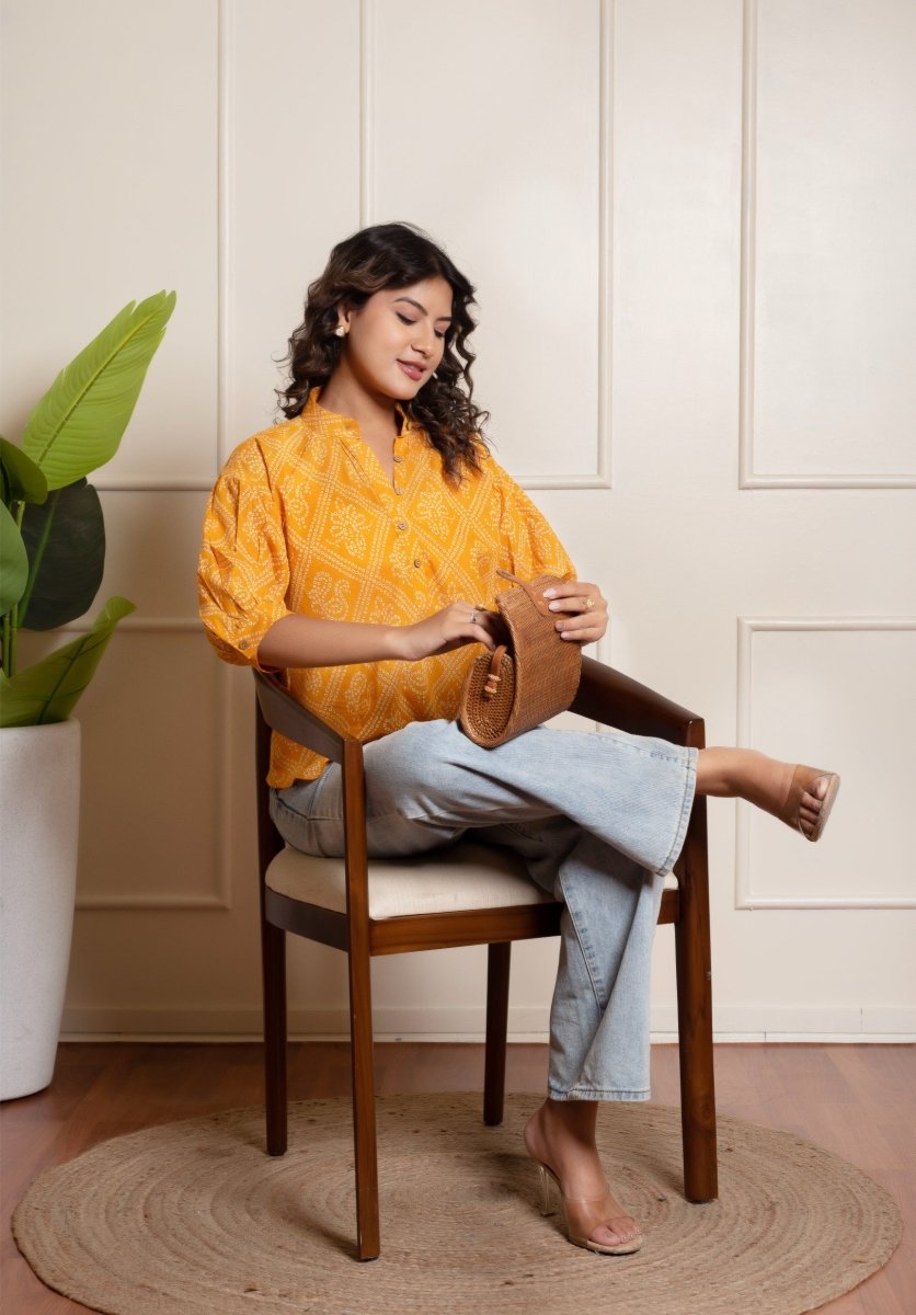 RANG MALHAR BANDHEJ YELLOW TOP - Pomcha Jaipur
