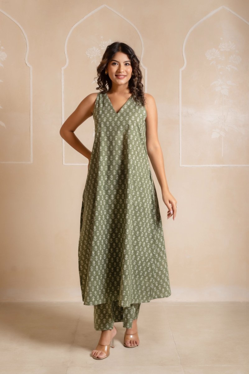 RANG MALHAR SAGE GREEN HAND BLOCK COTTON CO - ORD SET - Pomcha Jaipur