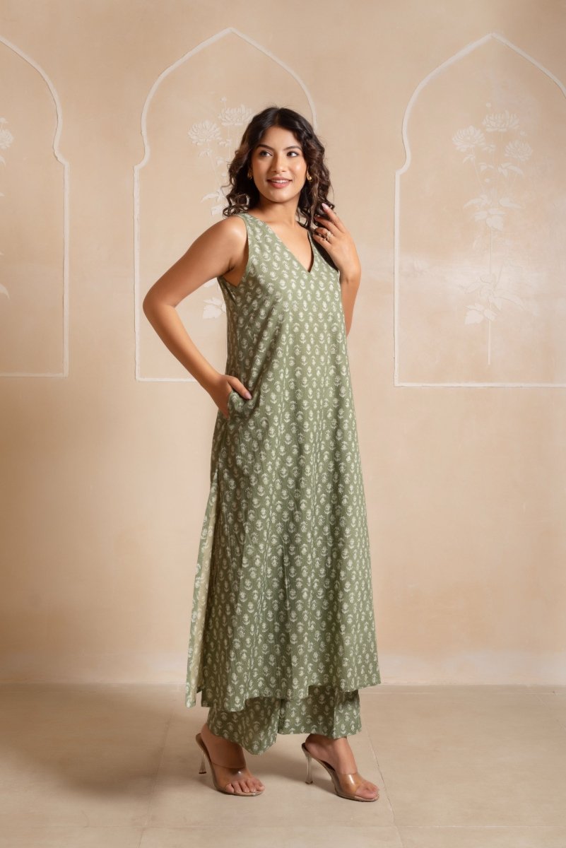 RANG MALHAR SAGE GREEN HAND BLOCK COTTON CO - ORD SET - Pomcha Jaipur