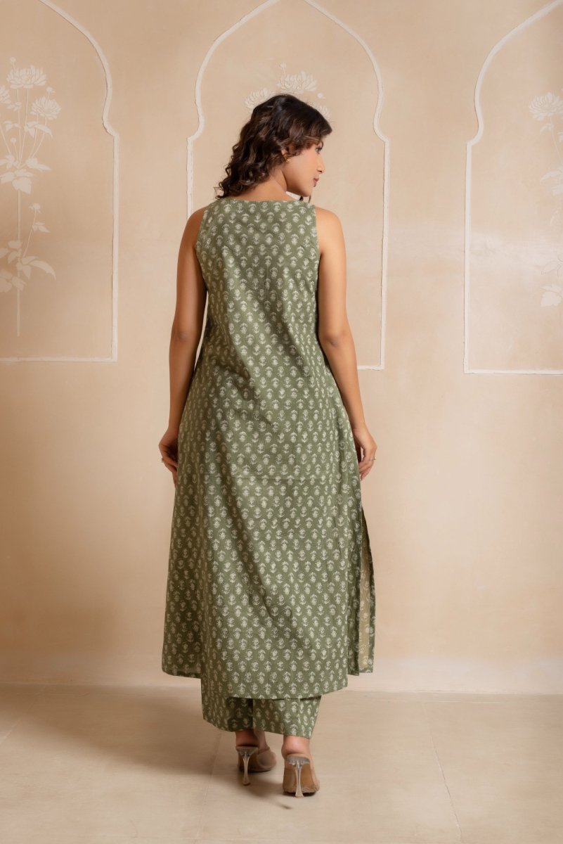 RANG MALHAR SAGE GREEN HAND BLOCK COTTON CO - ORD SET - Pomcha Jaipur
