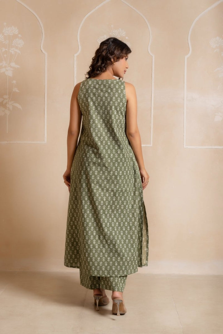 RANG MALHAR SAGE GREEN HAND BLOCK COTTON CO - ORD SET - Pomcha Jaipur