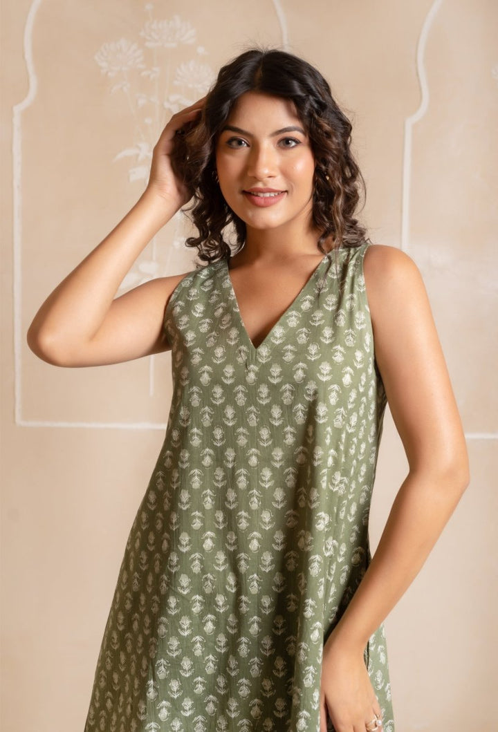 RANG MALHAR SAGE GREEN HAND BLOCK COTTON CO - ORD SET - Pomcha Jaipur