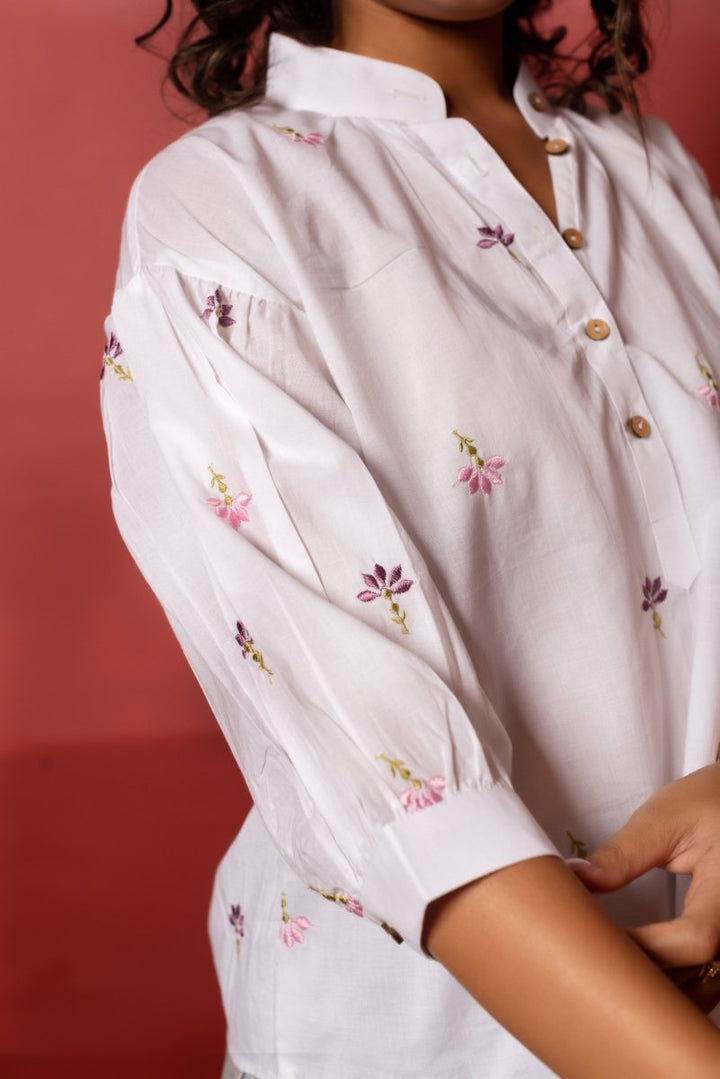 RANG MALHAR WHITE MULTICOLOUR FLORAL EMBROIDERY TOP - Pomcha Jaipur