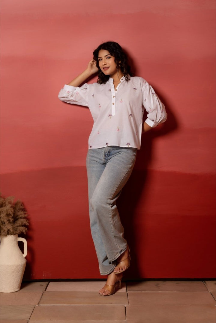 RANG MALHAR WHITE MULTICOLOUR FLORAL EMBROIDERY TOP - Pomcha Jaipur