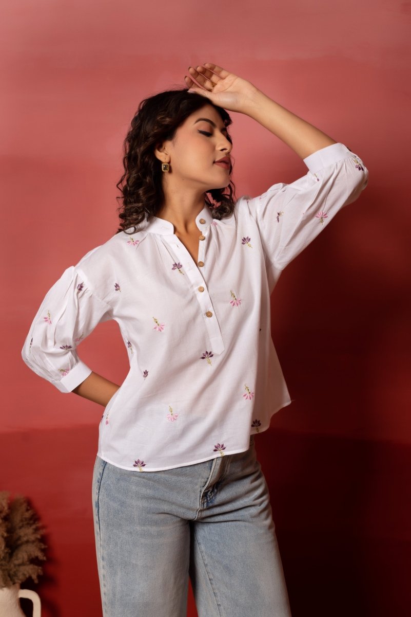 RANG MALHAR WHITE MULTICOLOUR FLORAL EMBROIDERY TOP - Pomcha Jaipur