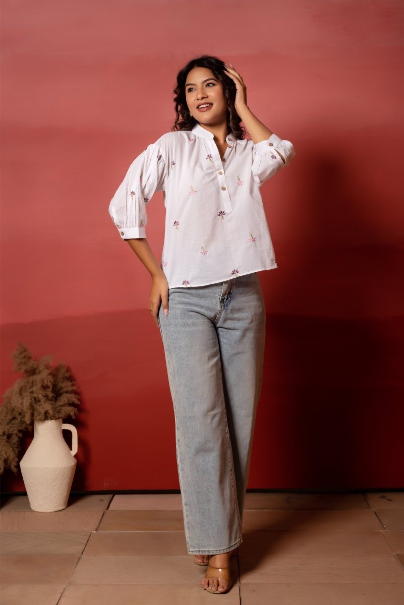 RANG MALHAR WHITE MULTICOLOUR FLORAL EMBROIDERY TOP - Pomcha Jaipur