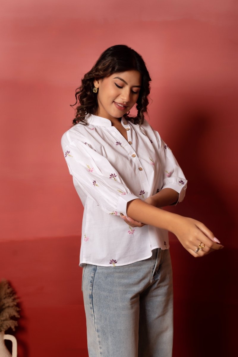 RANG MALHAR WHITE MULTICOLOUR FLORAL EMBROIDERY TOP - Pomcha Jaipur
