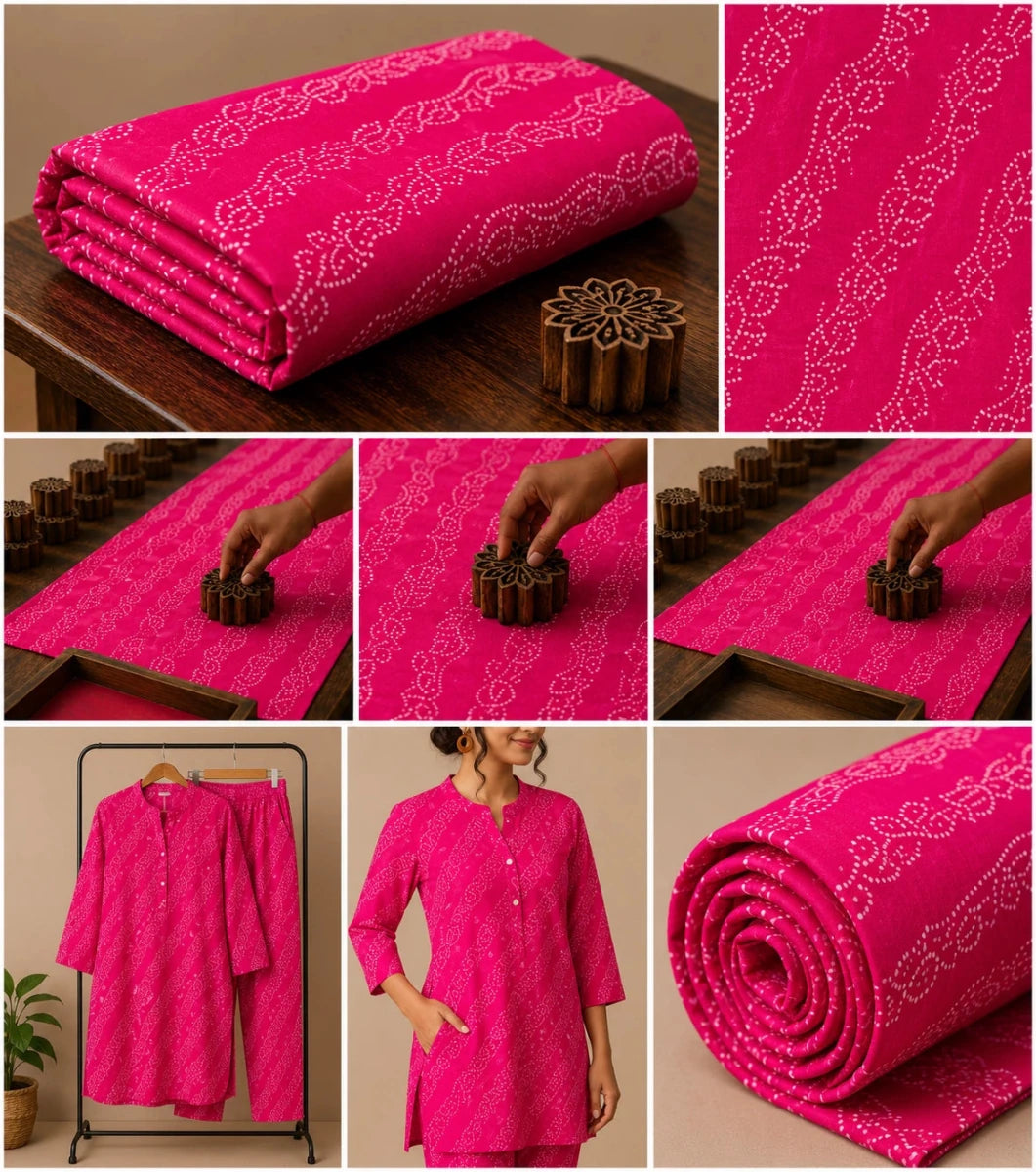 RANI PINK BANDHEJ COTTON FABRIC WITH TRADITIONAL PATTERNS AND SOFT COMFORTABLE - Pomcha Jaipur