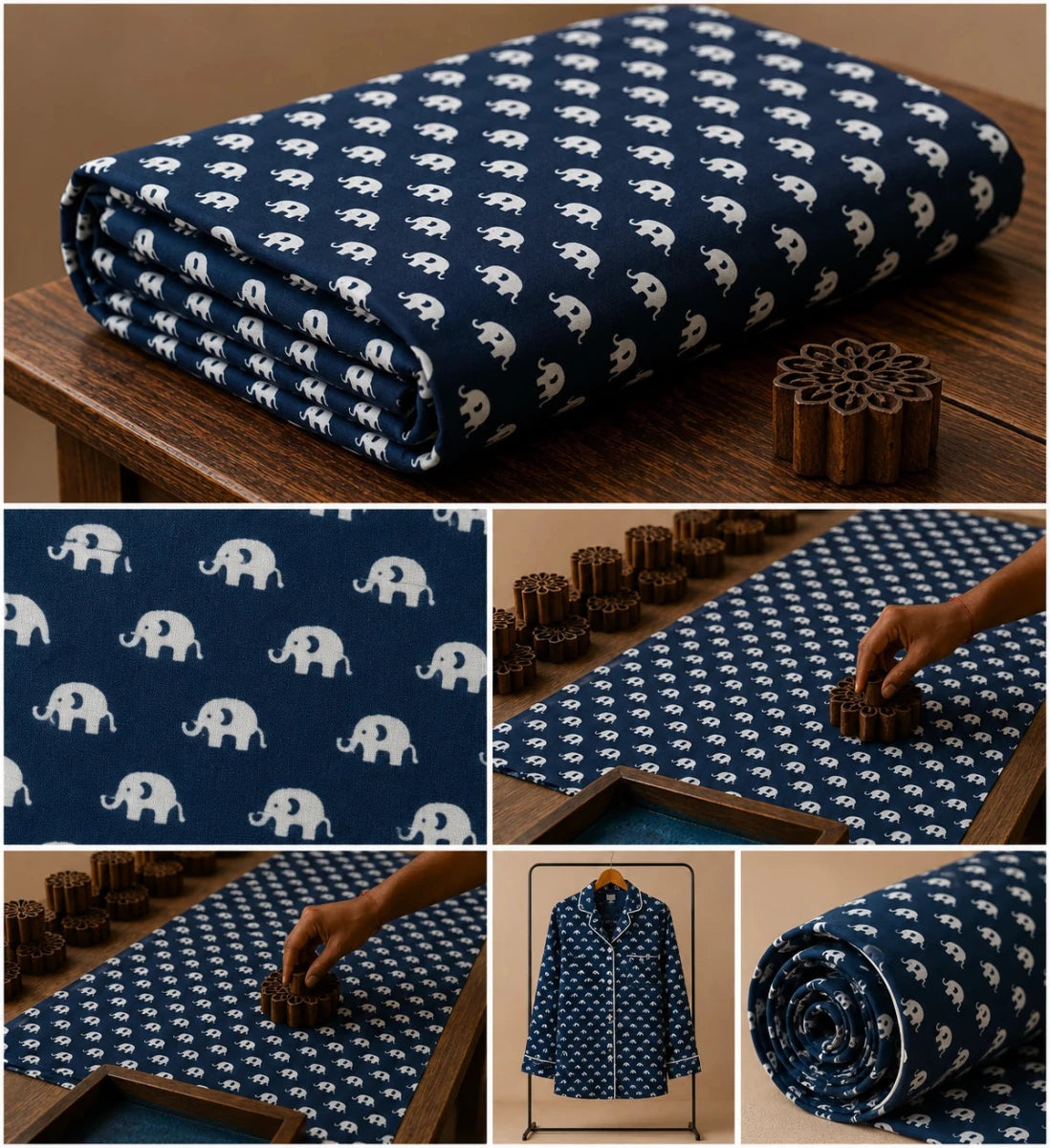 ROYAL BLUE HAND BLOCK ELEPHANT BUTI PRINT COTTON FABRIC - Pomcha Jaipur