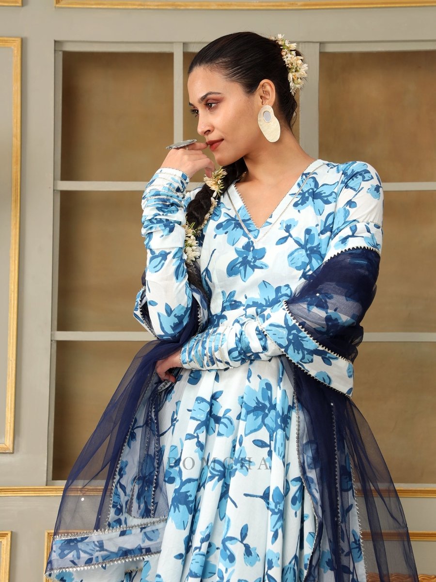 SAADGI BLUE LILLY ANARKALI SET - Pomcha Jaipur