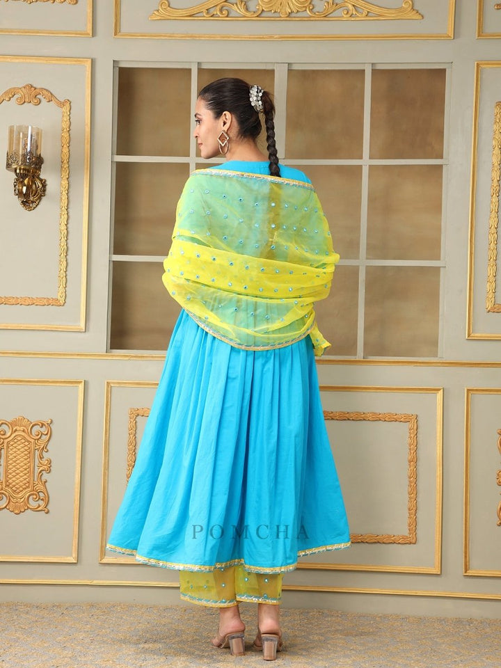 SAADGI BLUE MIRROR WORK ANARKALI SET - Pomcha Jaipur