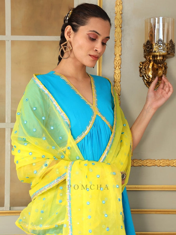 SAADGI BLUE MIRROR WORK ANARKALI SET - Pomcha Jaipur