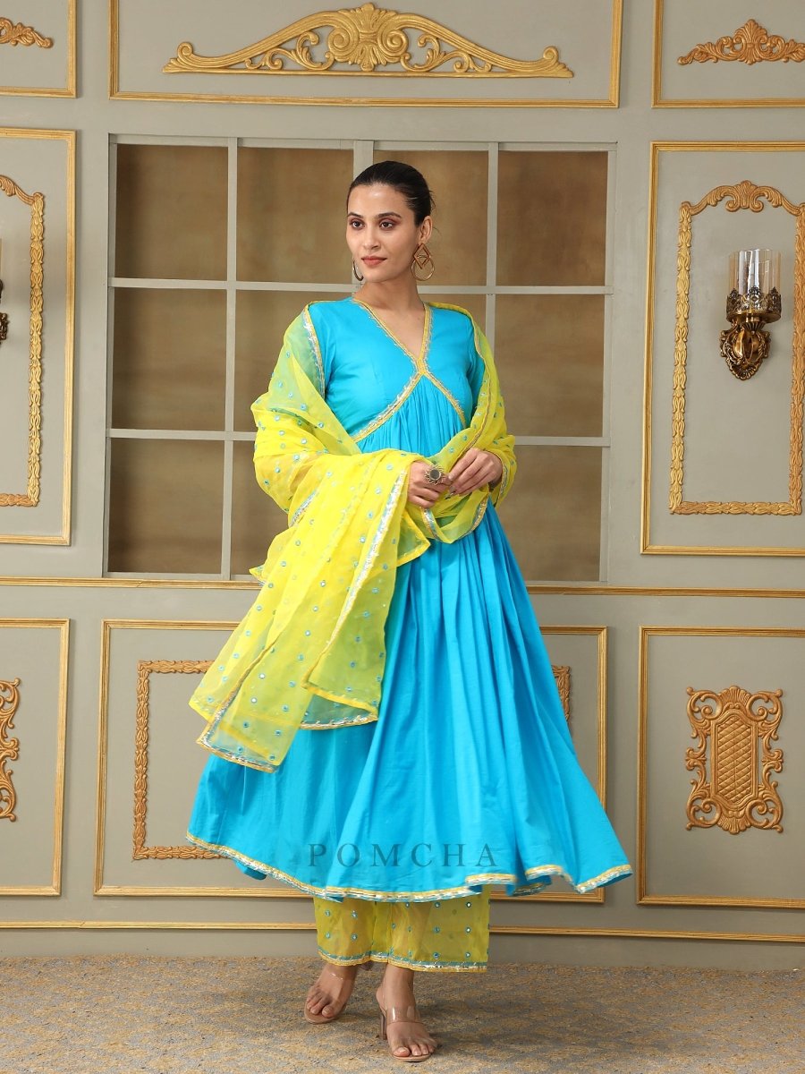 SAADGI BLUE MIRROR WORK ANARKALI SET - Pomcha Jaipur