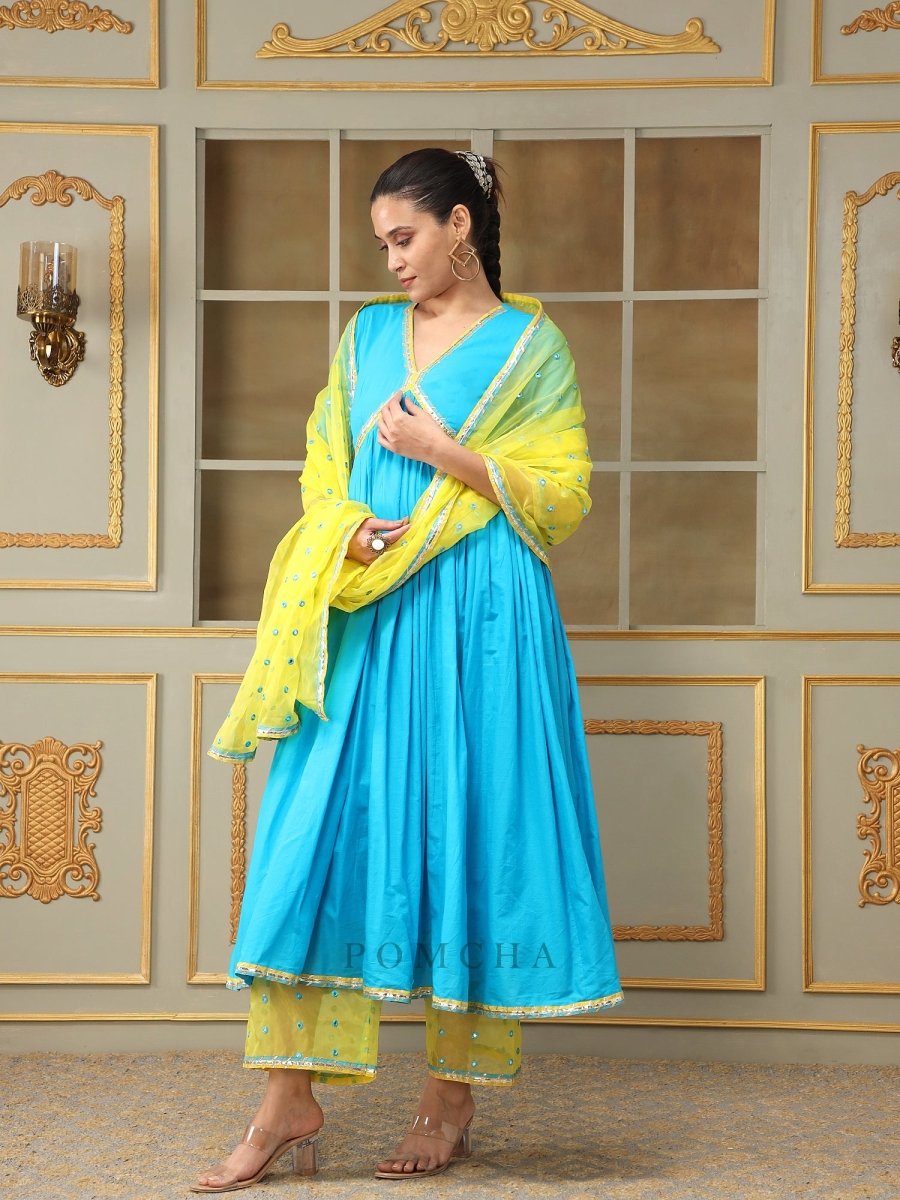 SAADGI BLUE MIRROR WORK ANARKALI SET - Pomcha Jaipur
