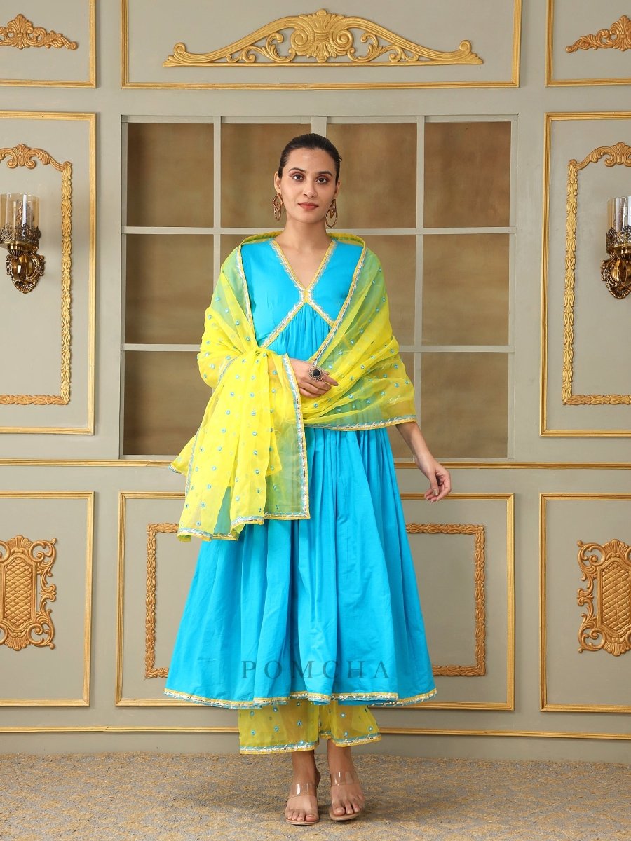 SAADGI BLUE MIRROR WORK ANARKALI SET - Pomcha Jaipur