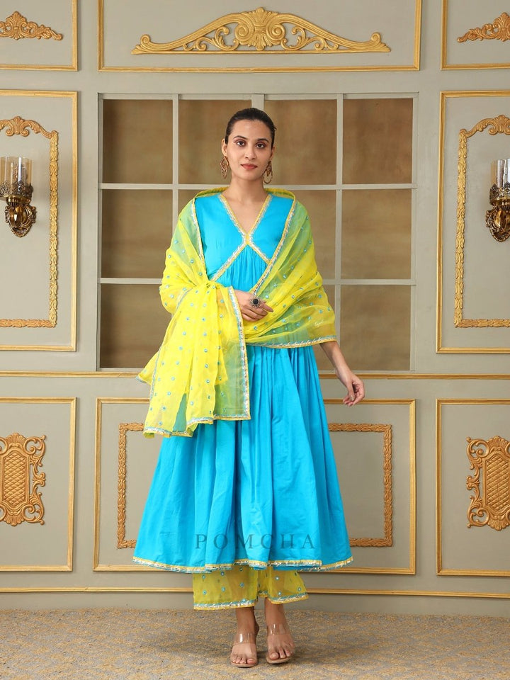 SAADGI BLUE MIRROR WORK ANARKALI SET - Pomcha Jaipur