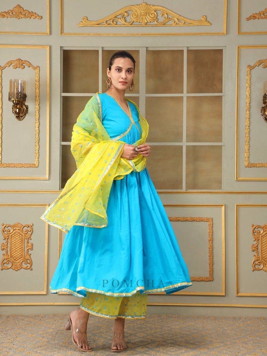 SAADGI BLUE MIRROR WORK ANARKALI SET - Pomcha Jaipur