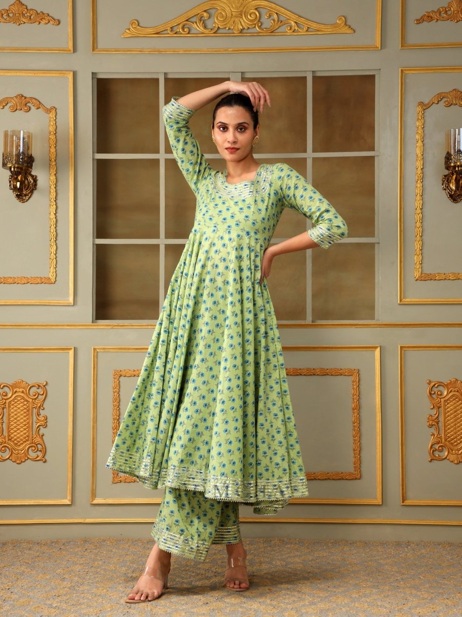 SAADGI BLUE PAISLEY GREEN ANARKALI SET - Pomcha Jaipur