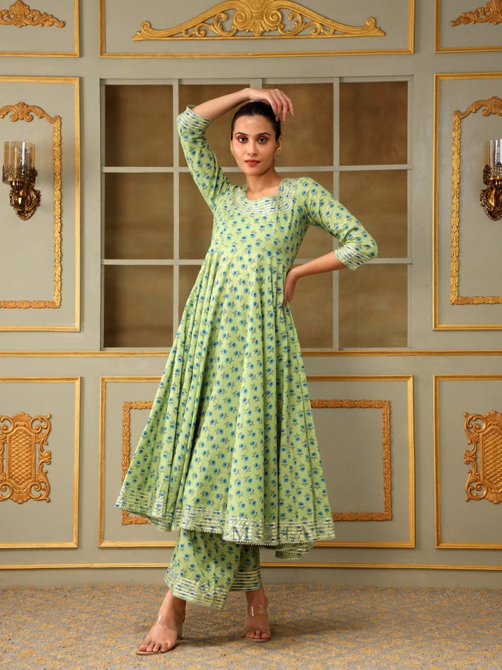 SAADGI BLUE PAISLEY GREEN ANARKALI SET - Pomcha Jaipur