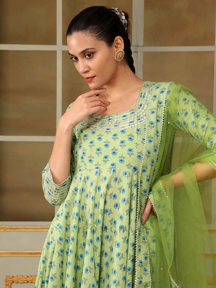 SAADGI BLUE PAISLEY GREEN ANARKALI SET - Pomcha Jaipur