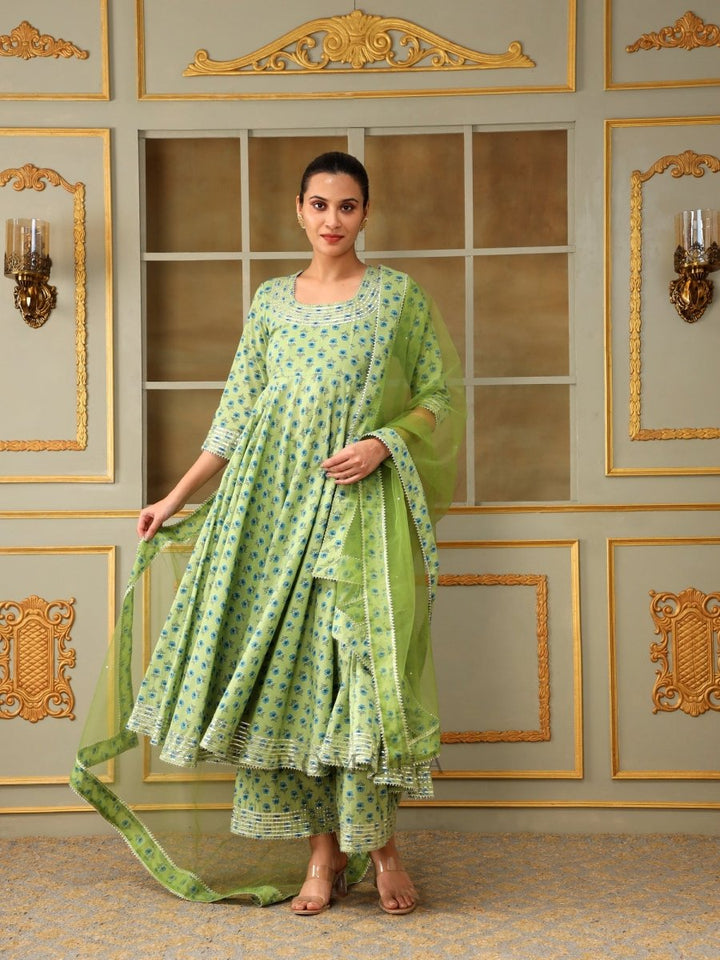 SAADGI BLUE PAISLEY GREEN ANARKALI SET - Pomcha Jaipur