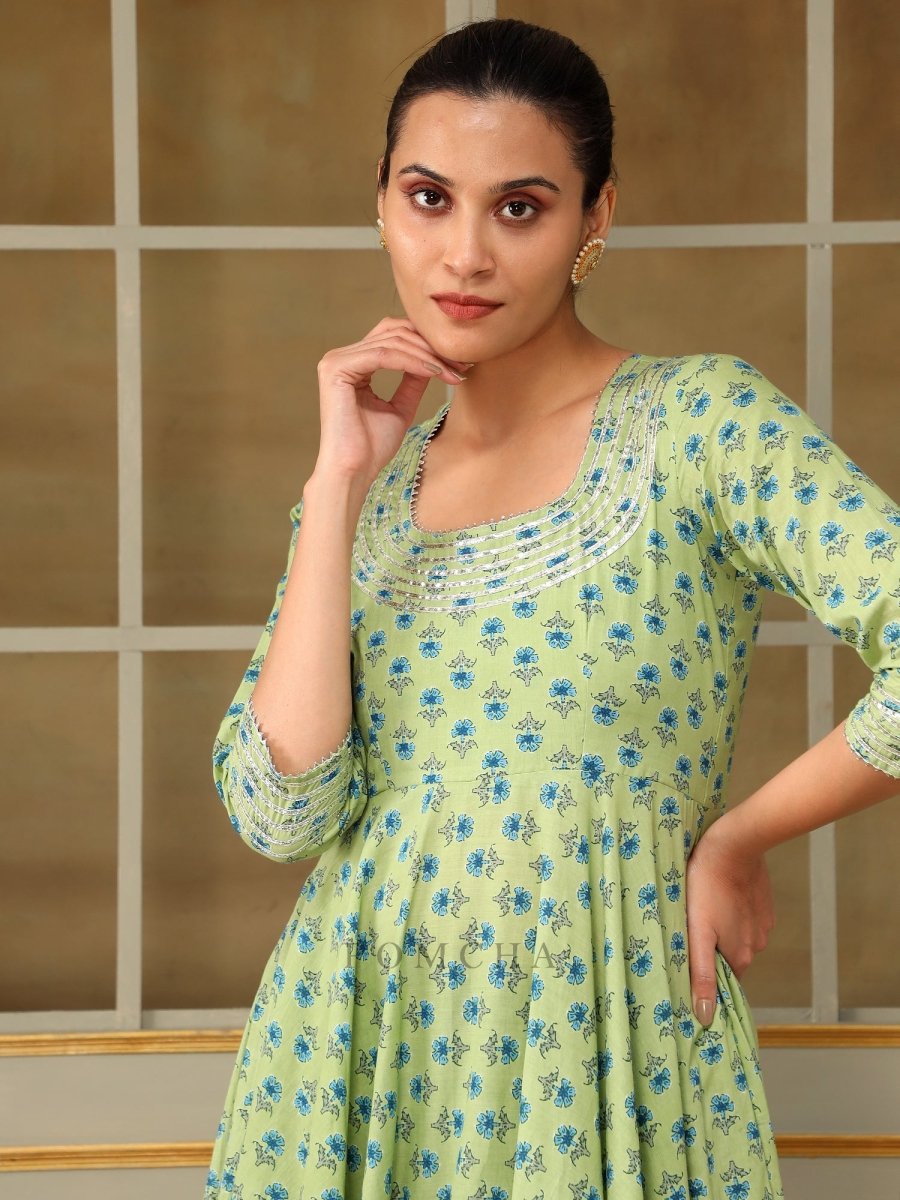 SAADGI BLUE PAISLEY GREEN ANARKALI SET - Pomcha Jaipur