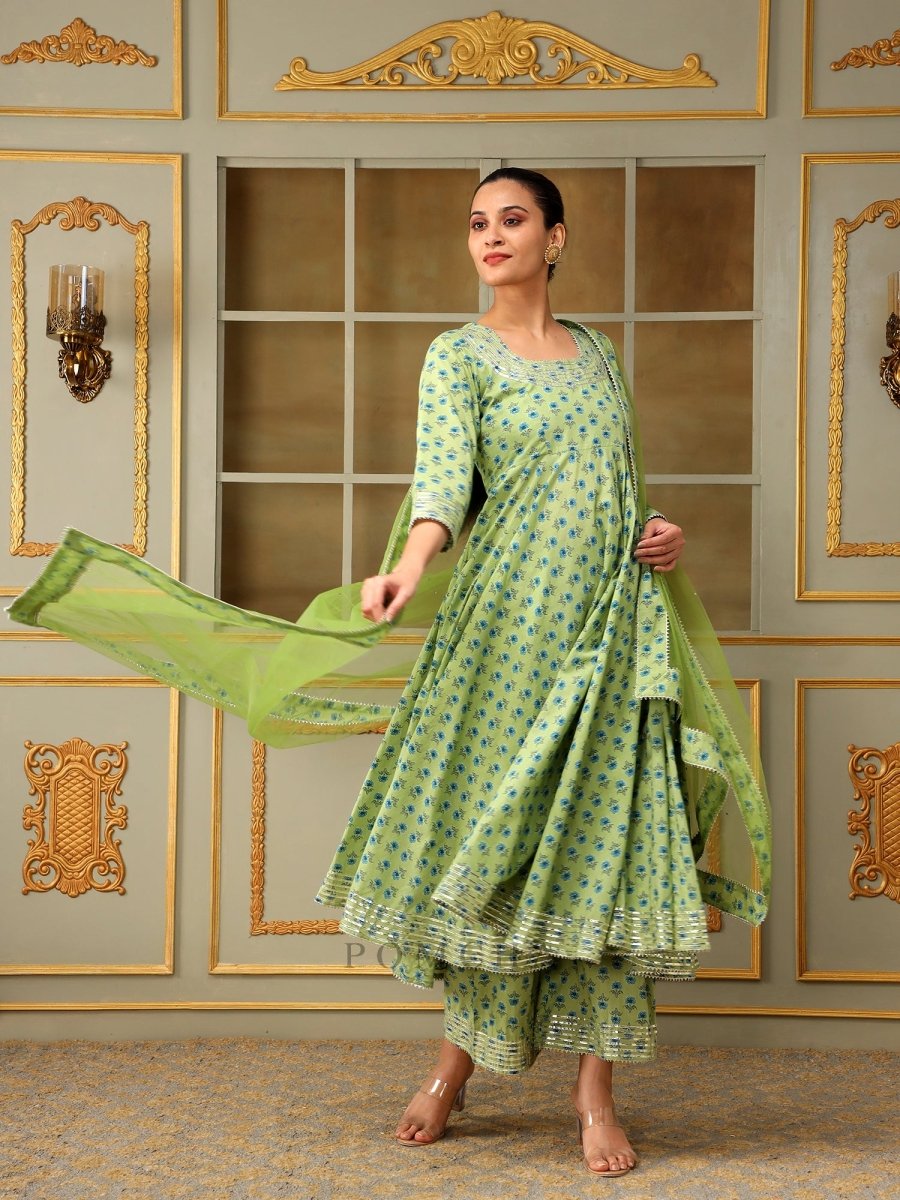 SAADGI BLUE PAISLEY GREEN ANARKALI SET - Pomcha Jaipur