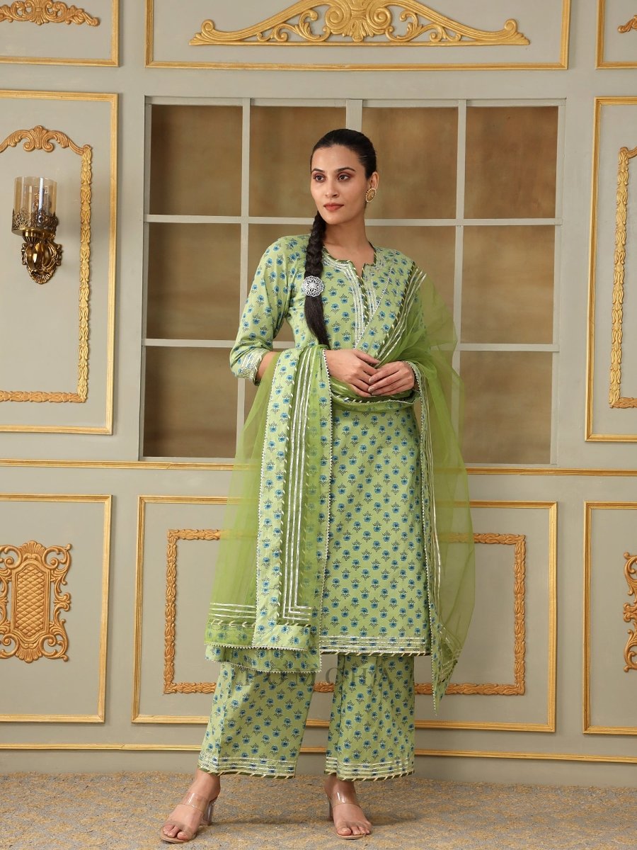 SAADGI BLUE PAISLEY GREEN STRAIGHT SUIT SET - Pomcha Jaipur