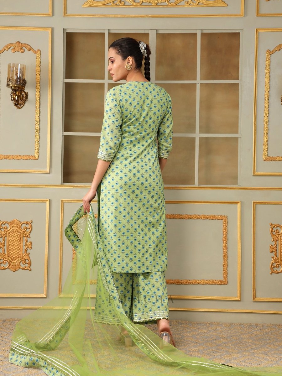 SAADGI BLUE PAISLEY GREEN STRAIGHT SUIT SET - Pomcha Jaipur