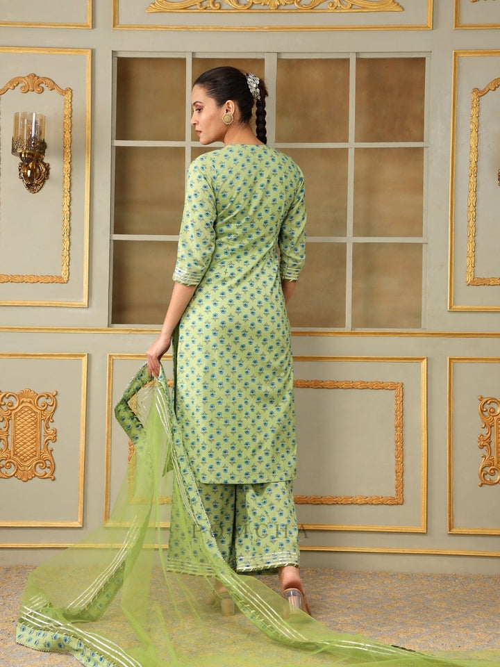 SAADGI BLUE PAISLEY GREEN STRAIGHT SUIT SET - Pomcha Jaipur