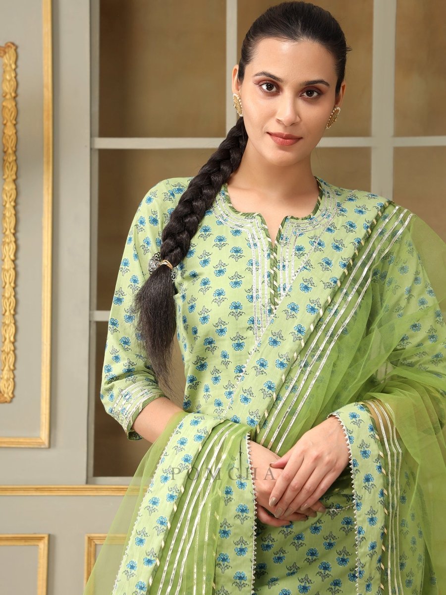 SAADGI BLUE PAISLEY GREEN STRAIGHT SUIT SET - Pomcha Jaipur