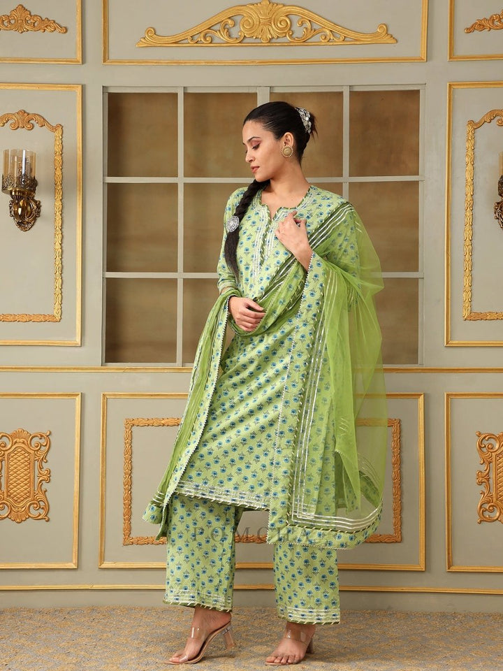 SAADGI BLUE PAISLEY GREEN STRAIGHT SUIT SET - Pomcha Jaipur