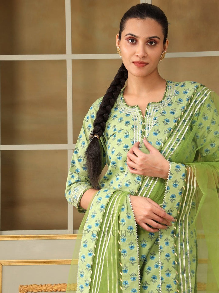 SAADGI BLUE PAISLEY GREEN STRAIGHT SUIT SET - Pomcha Jaipur