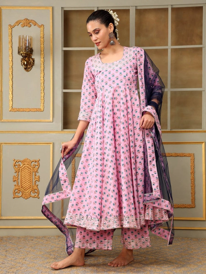 SAADGI BLUE PAISLEY PINK ANARKALI SET - Pomcha Jaipur