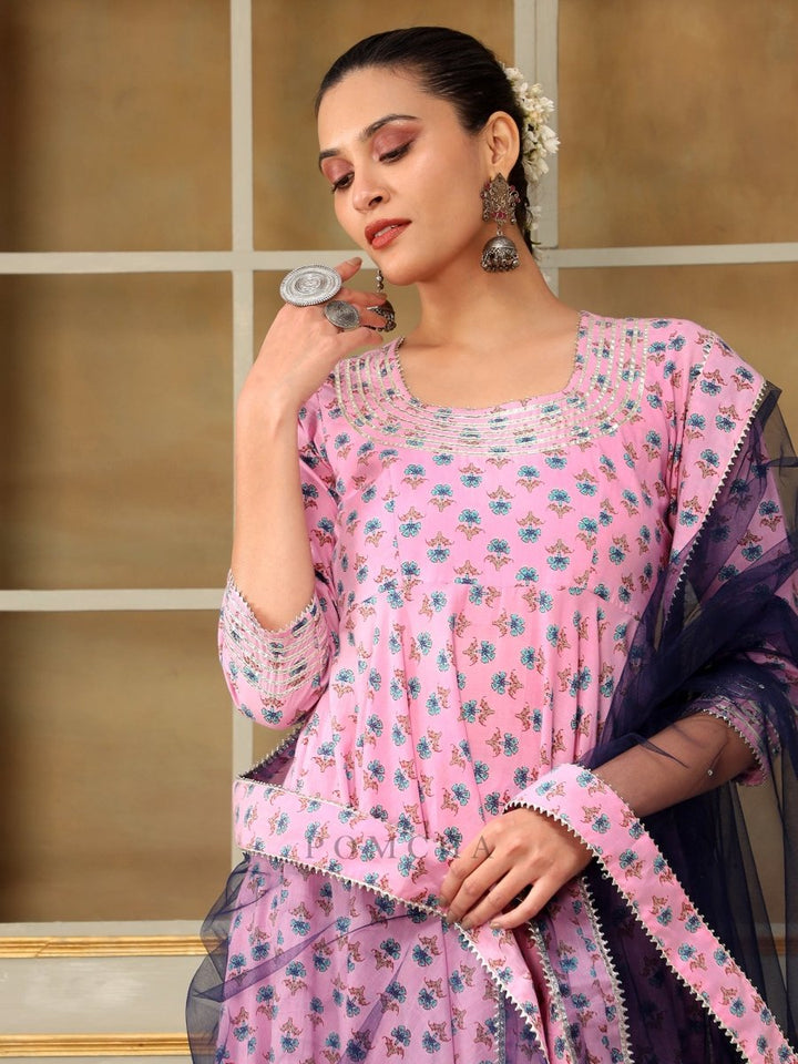 SAADGI BLUE PAISLEY PINK ANARKALI SET - Pomcha Jaipur