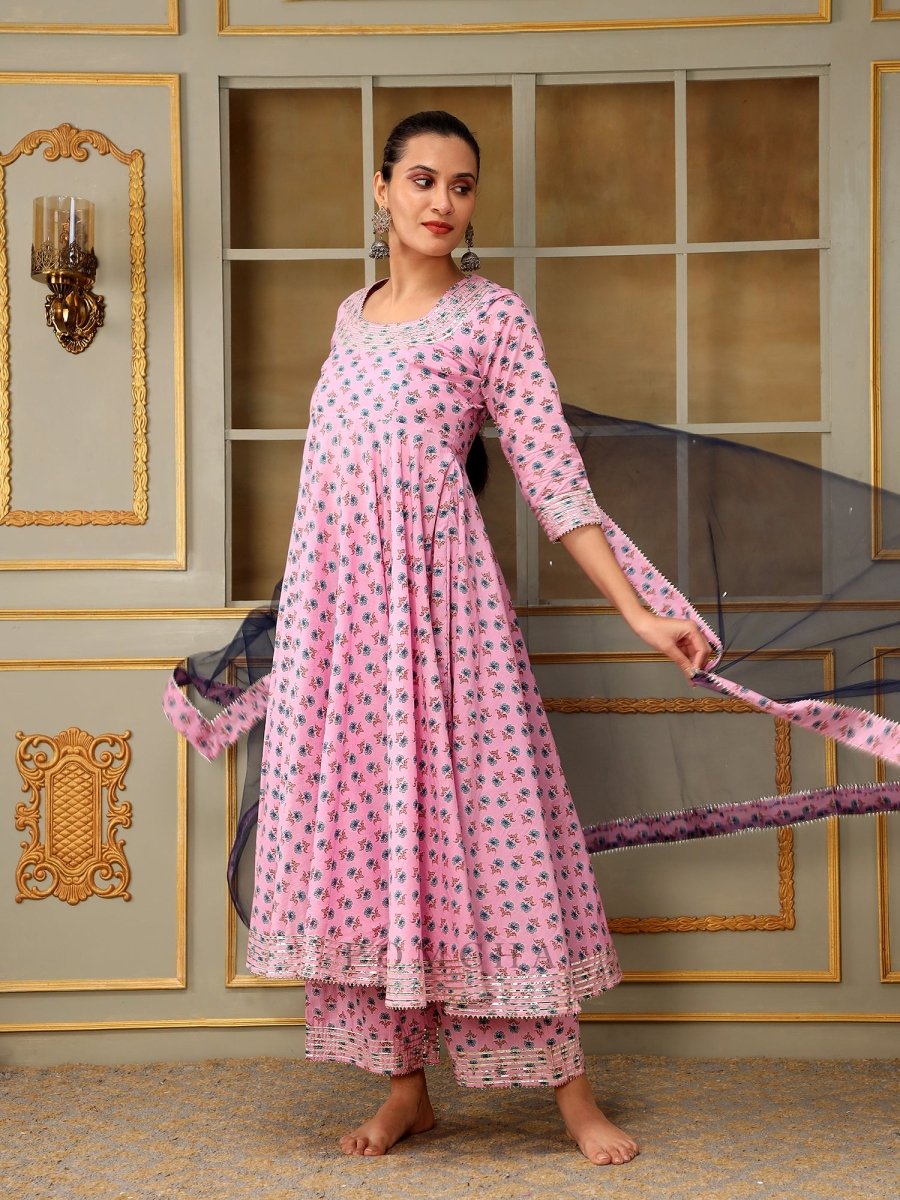SAADGI BLUE PAISLEY PINK ANARKALI SET - Pomcha Jaipur