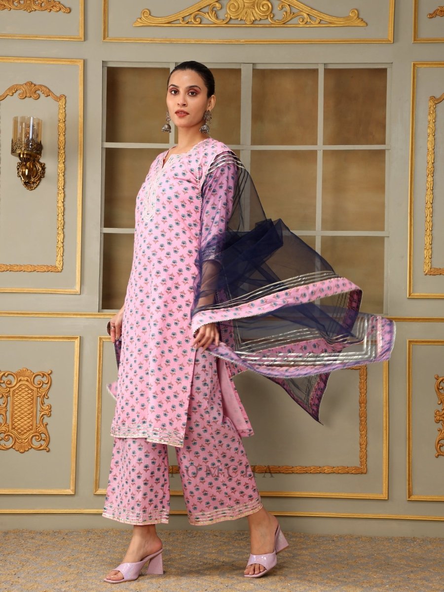 SAADGI BLUE PAISLEY PINK STRAIGHT SUIT SET - Pomcha Jaipur