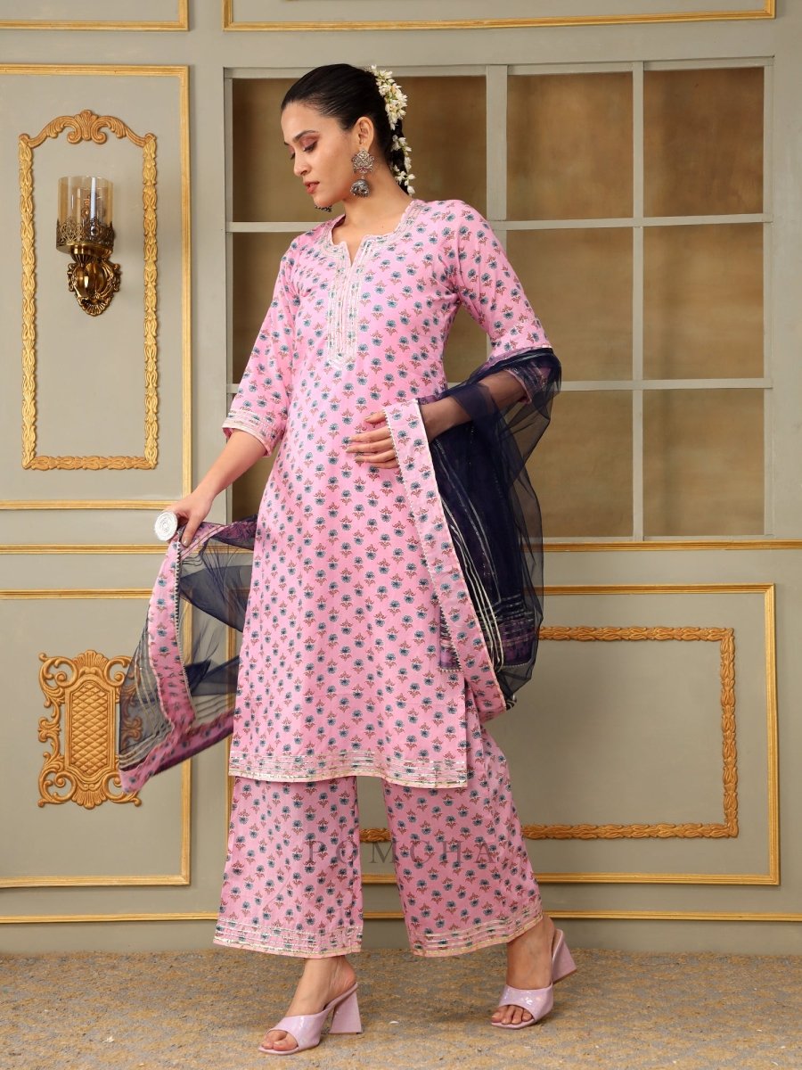 SAADGI BLUE PAISLEY PINK STRAIGHT SUIT SET - Pomcha Jaipur