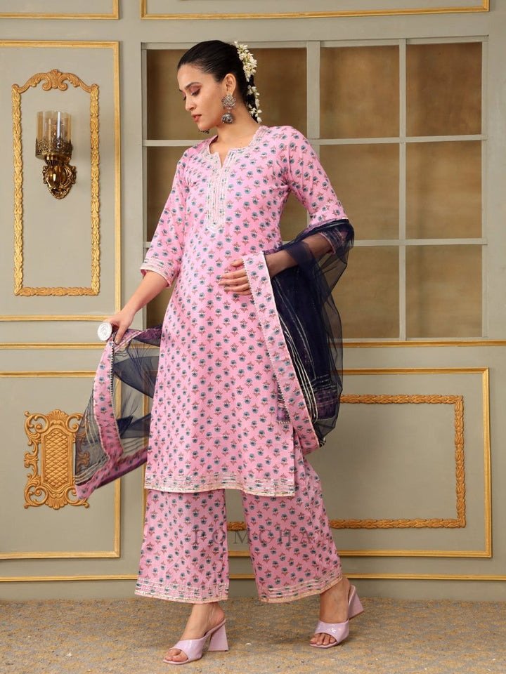 SAADGI BLUE PAISLEY PINK STRAIGHT SUIT SET - Pomcha Jaipur