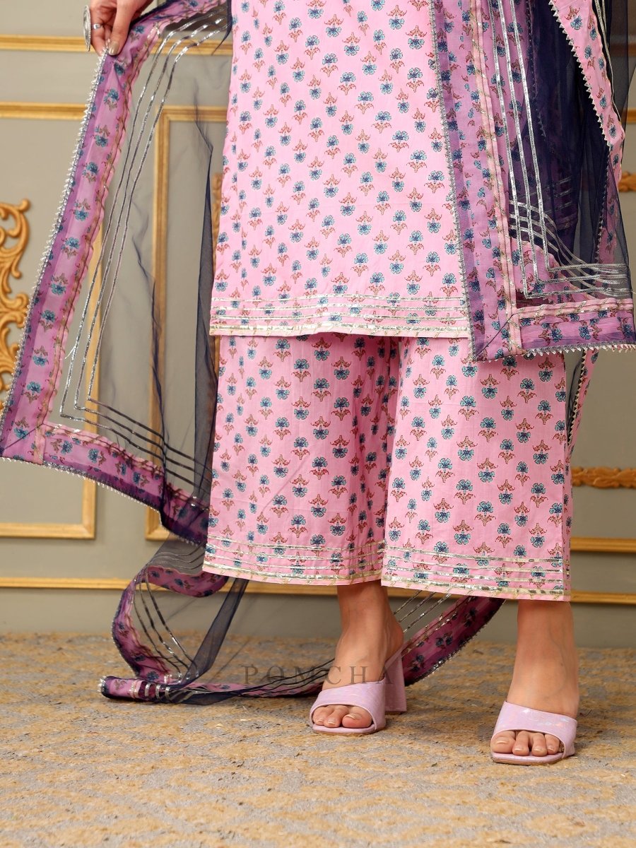 SAADGI BLUE PAISLEY PINK STRAIGHT SUIT SET - Pomcha Jaipur