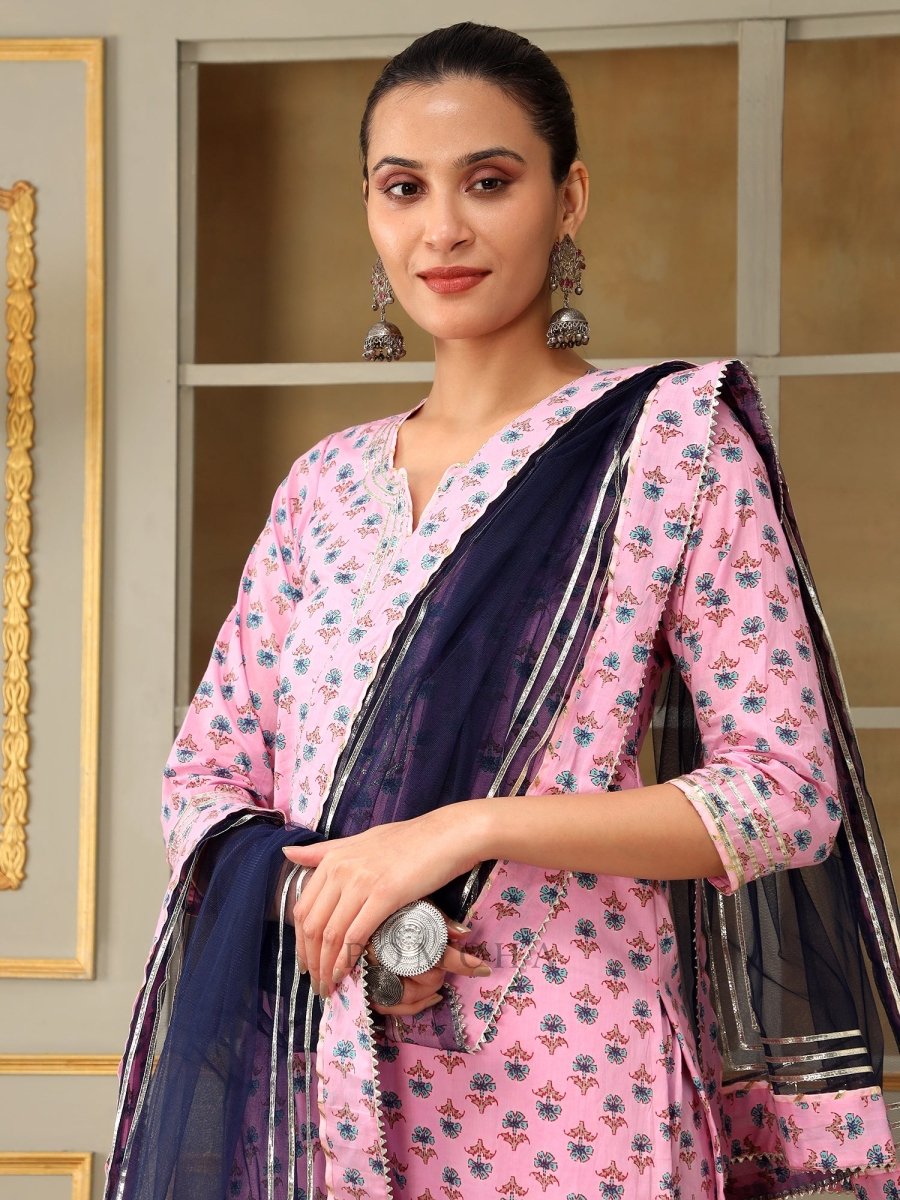 SAADGI BLUE PAISLEY PINK STRAIGHT SUIT SET - Pomcha Jaipur