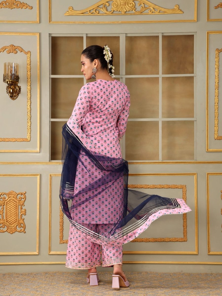 SAADGI BLUE PAISLEY PINK STRAIGHT SUIT SET - Pomcha Jaipur
