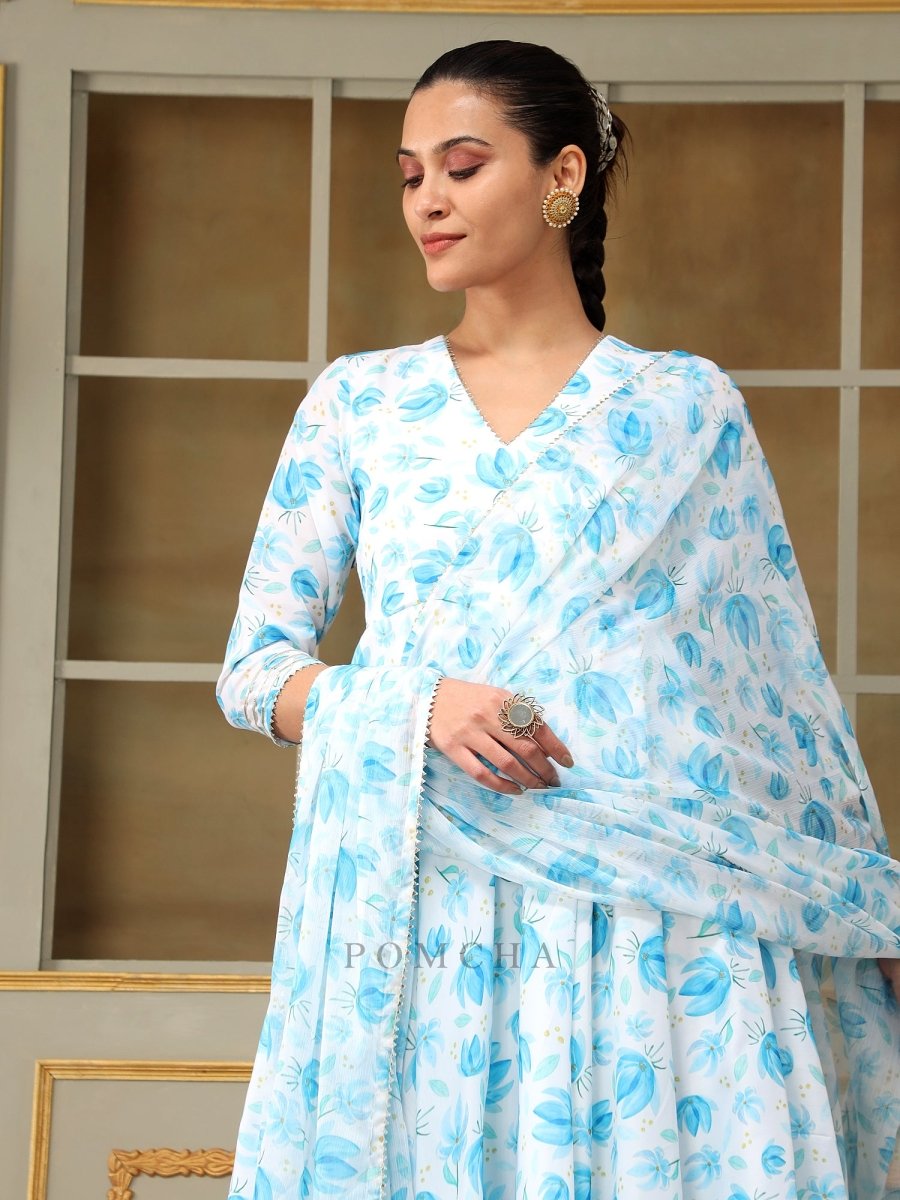 SAADGI BLUE PHOOL ANARKALI SET - Pomcha Jaipur