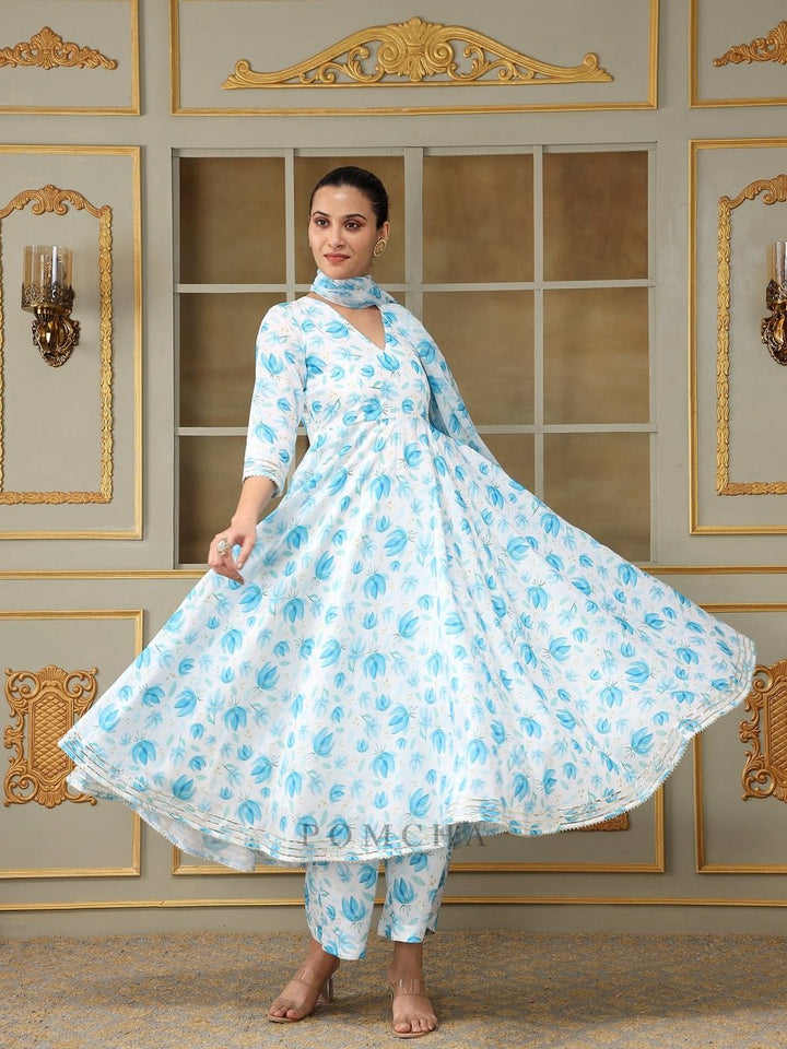 SAADGI BLUE PHOOL ANARKALI SET - Pomcha Jaipur