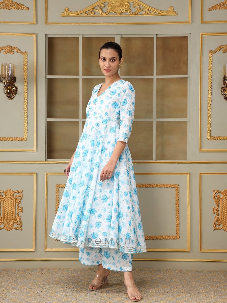 SAADGI BLUE PHOOL ANARKALI SET - Pomcha Jaipur